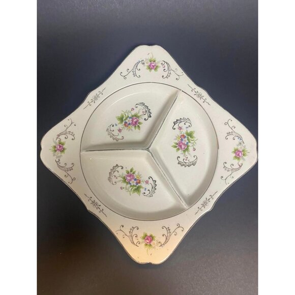 Vintage Japanese Floral Porcelain Divided Candy Mint Nut Dish Plate - Picture 1 of 4